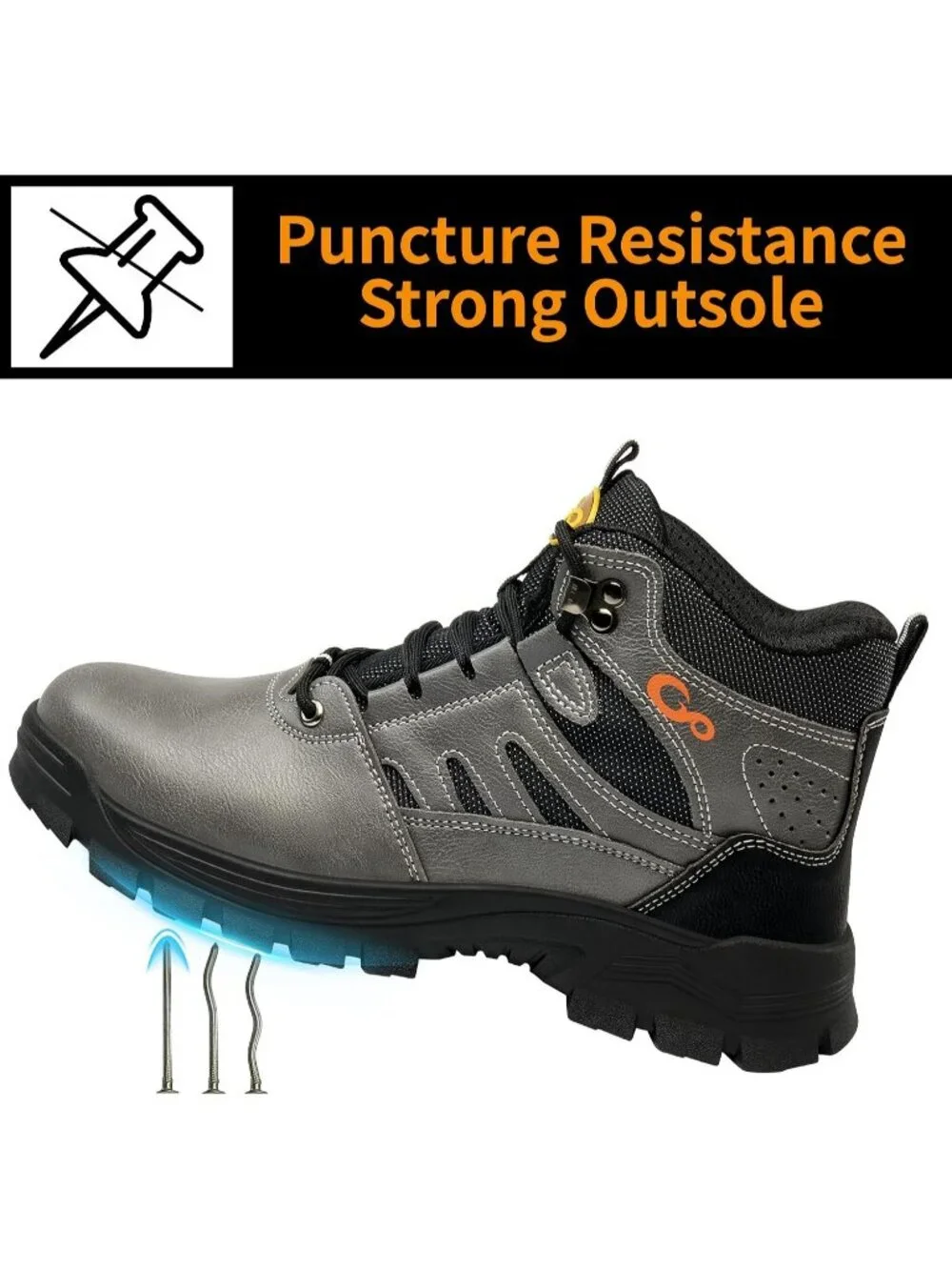 Men's Grey Waterproof Shoes Solid High Top Steel Toe Outdoor Hiking Boots